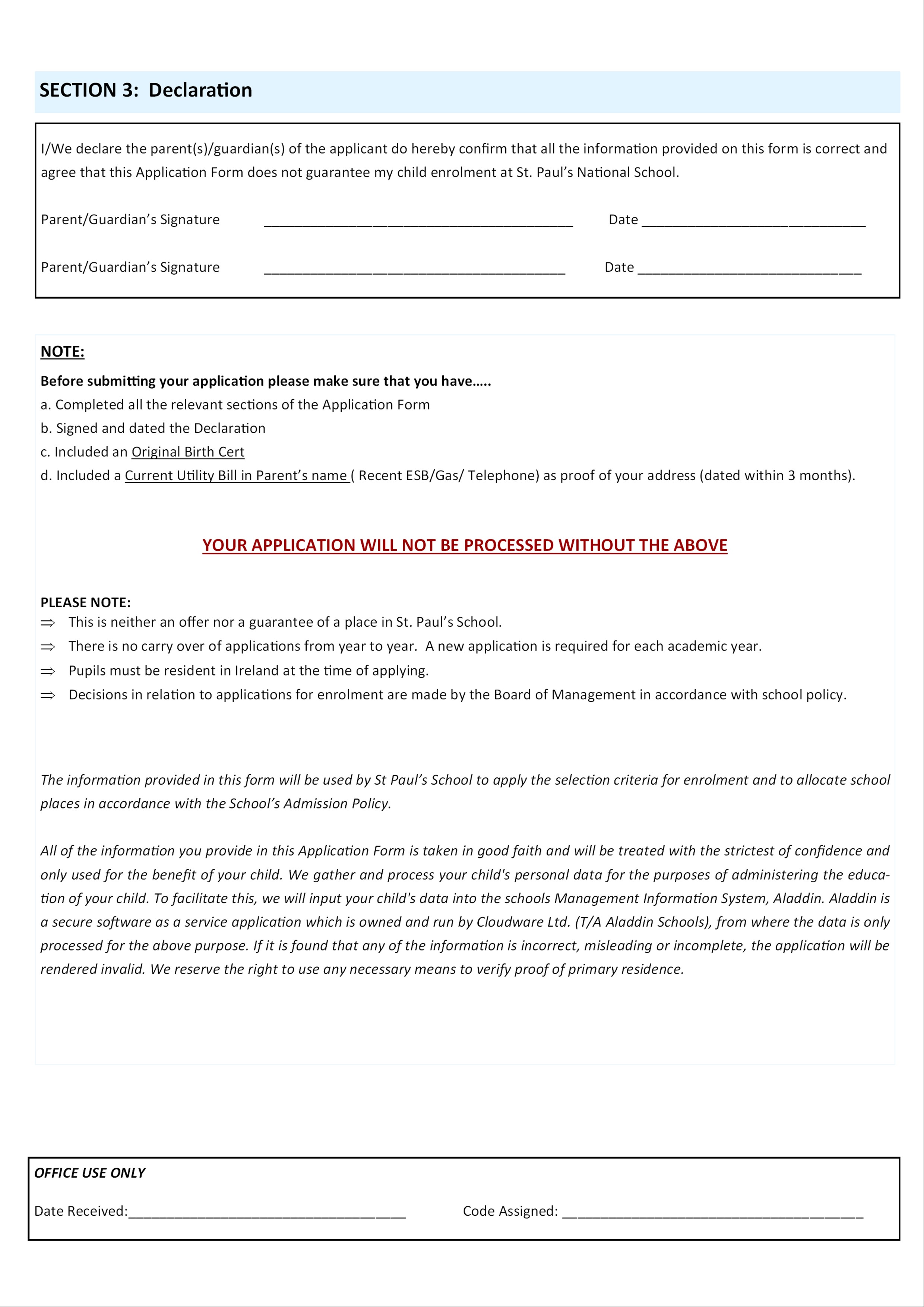 Junior Infants Enrolment Form